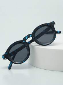 1pc Unisex Retro Round Small Frame Personalized Minimalist Fashion Fashion Glasses, Suitable For Party, Travel, Beach, Daily Wear - Blue Tortoiseshell Frame With Gray Accents - View 2