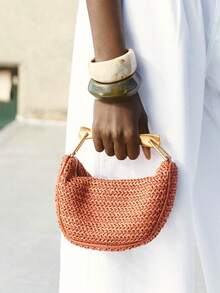 Bolso de hombro mini con cremallera y asa de metal, correa de hombro ajustable, tejido para la playa - Naranja - Ver 10