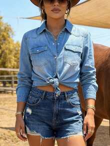 Women's Casual Vacation Style Long Sleeve Denim Shirt - Light Wash - View 5