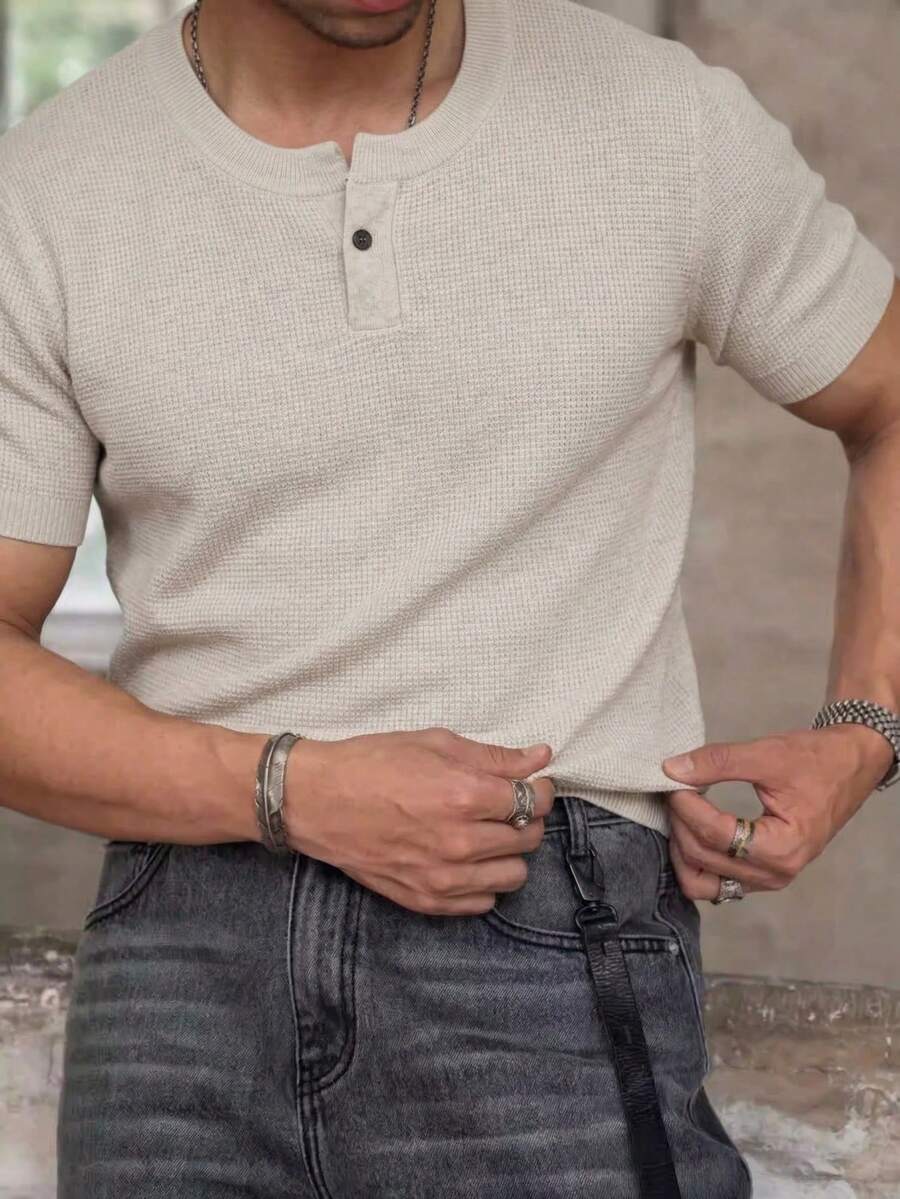 Men's Casual Solid Color Henley Neck Short Sleeve Knit T-Shirt, Summer