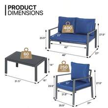 Patio Furniture Set Of 4, Heavy Duty Conversation Sets Outdoor Metal Table And Loveseat Chairs Set With Upholstered Seat And Pillows - Màu xanh lam - Xem 4