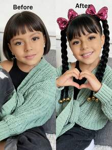 2pcs Kids 20inch Braided Ponytail Synthetic Hair Extension With Bow,With Bead In The End, High Elasticity Hair Tie Design,Ponytail Accessories - Natural Black - View 4