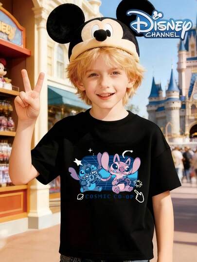 Disney 正品 Stitch 男童中性T恤，奢华时尚，适合日常穿着、运动和节日活动