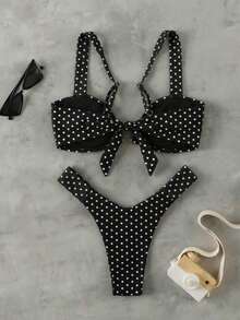 New Polka Dot Ruched Sexy Elegant Beach Vacation Party Swimsuit Set For Women, Spring/Summer - MultiWarna - View 3