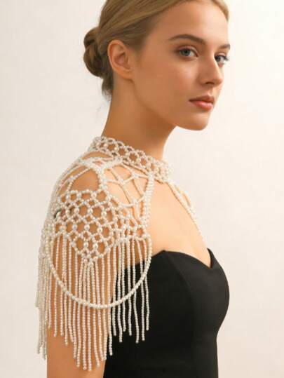 1pc Elegant Classic Versatile White Multi-Layer Pearl Tassel Body Chain, Luxury Niche High-End Necklace For Women, Suitable For Weddings, Parties And Fashion Shows