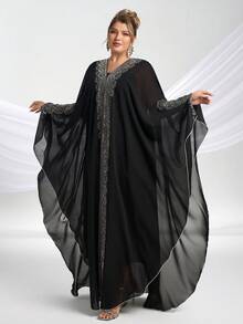 YISIKADO Plus Size Women Modest Festival Dress Arabic Style Rhinestone Chiffon V-Neck 2 Pieces Set Prom Party Loose Long Dress - Black - View 1