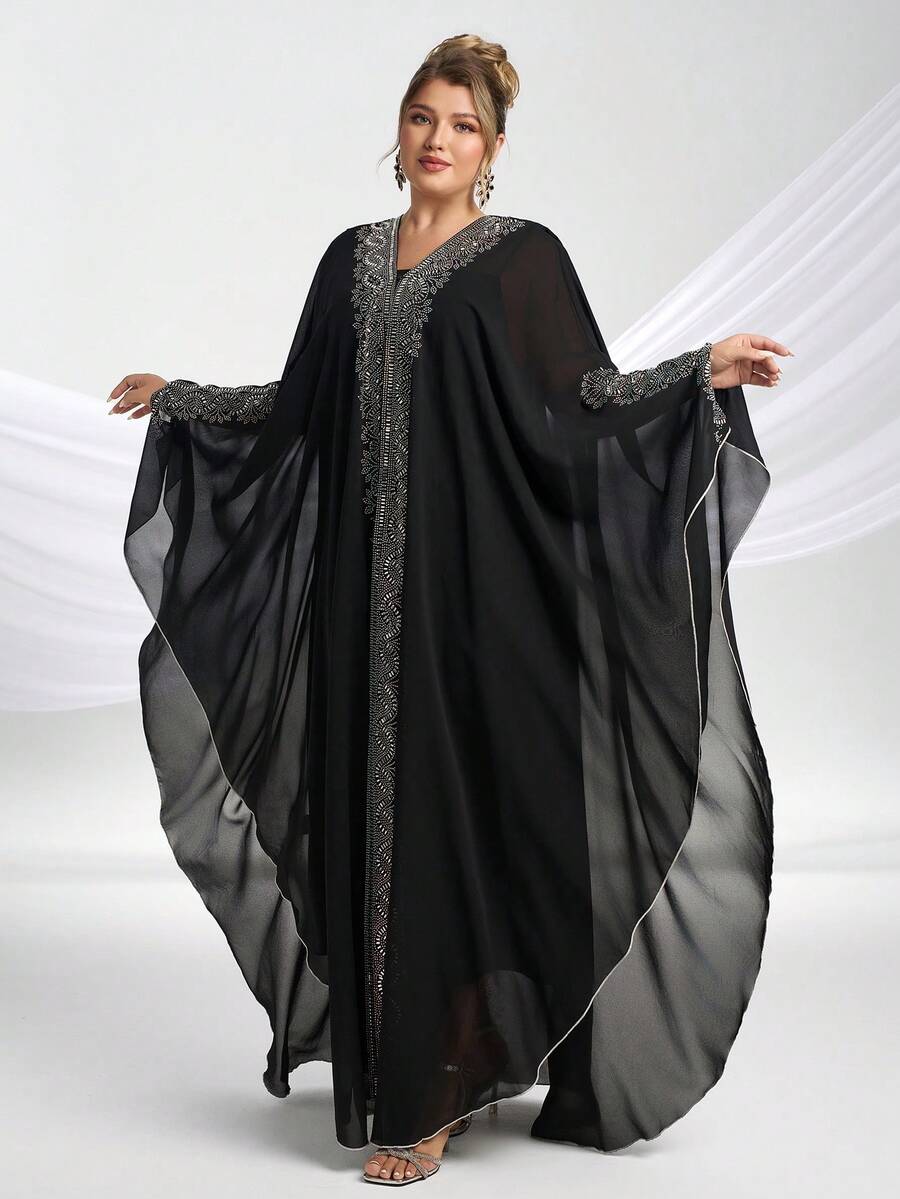 YISIKADO Plus Size Women Modest Festival Dress Arabic Style Rhinestone Chiffon V-Neck 2 Pieces Set Prom Party Loose Long Dress - Black - View 1