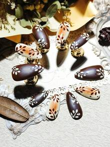 Handmade Press On Nails 10Pcs Almond Shape Chocolate Brown Gradient Leaf Pattern Glossy Finish Reusable False Nails For Daily Wear - Coffee Brown - View 6