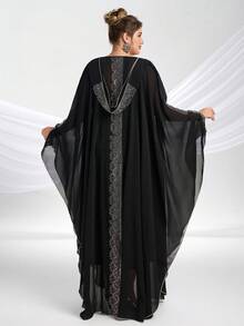 YISIKADO Plus Size Women Modest Festival Dress Arabic Style Rhinestone Chiffon V-Neck 2 Pieces Set Prom Party Loose Long Dress - Black - View 2