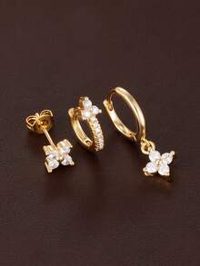 3 piezas Conjunto de pendientes colgantes de flores de circonita de moda para mujeres, chapados en oro de 18K, pendientes de aro con flores geométricas para perforación del cartílago, joyería - 3PCS-Oro 1 - Ver 1