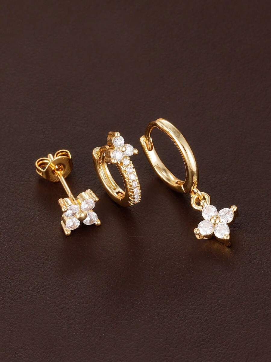 3 piezas Conjunto de pendientes colgantes de flores de circonita de moda para mujeres, chapados en oro de 18K, pendientes de aro con flores geométricas para perforación del cartílago, joyería - 3PCS-Oro 1 - Ver 1