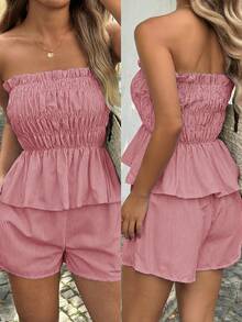 Bộ đồ hai mảnh Vaiaye mùa hè phong cách Hawaii Bohemian dành cho nữ - Áo ống kẻ sọc viền bèo nhún và quần short, hoàn hảo cho các buổi hẹn hò, tiệc trà chiều, kỳ nghỉ, lễ hội âm nhạc và ngày Valentine. Màu đỏ - Đỏ - Xem 9