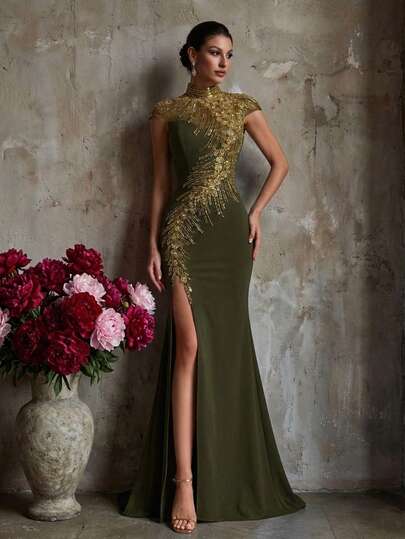 A Olive Green Golden Feather Beaded Embroidery High Neck Short Sleeve High-Slit Mermaid Lace-Up Luxury Retro Evening Gown Party