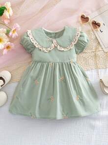 1pc Girls Embroidered Short Sleeve Dress, Ruffle Collar Casual Elegant Dress For Toddler & Young GirlSummer - Green - View 9