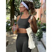 OLCHEE Womens Workout Sets 2 Piece Seamless Square Neck Sports Bra Padded Butt Lifting Leggings High Waist Yoga Gym Outfits - màu đen - Xem 3