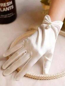 1pair White Short Satin & Faux Pearl Solid Color Gloves Suitable For Wedding, Party, Driving And Daily Use Autumn Accessories PXA2 - 白色 - 查看 2