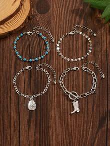 Bộ 4 vòng tay nữ phong cách cao bồi miền Tây cổ điển, dây chuyền bạc với mặt dây chuyền hình mũ và ủng bằng hợp kim, phụ kiện trang sức thủ công phù hợp cho chụp ảnh và du lịch, chiều dài dây và số lượng hạt được chọn ngẫu nhiên. - Nhiều màu - Xem 2