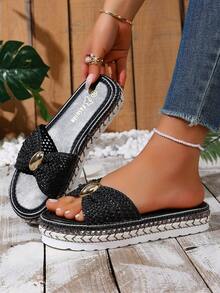 2026新款波西米亚风编织厚底休闲凉鞋，适合海滩穿着 - 黑色搭扣 - 查看 2