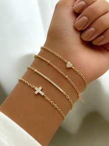 CVNANA 4pcs Set Fashionable Minimalist Sparkling Crystal Cross & Heart Layered Bracelet Set, Suitable For Birthday Party, Gathering, Daily Wear, Music Festival, Great Gift For Friends, Couples, Girlfriend, Mom (Bead Quantity Random) - A - View 4