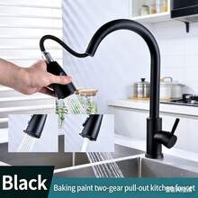Pull-Out Faucet Kitchen Hot And Cold Stainless Steel Vegetable Basin Sink Dual Outlet Retractable Swivel Faucet - Black - View 2