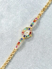 This Brand New High-End Ladies' Watch Features A Stainless Steel Strap And Is Inlaid With Colorful Zirconia Stones. Classic And Elegant, Multi-Functional, Exquisite Quartz Watch, Suitable For Daily Life, Business Occasions, Parties, Back-To-School Season, Birthdays, Anniversaries And Other Special Occasions. - Gold - View 4