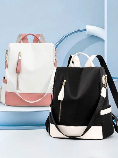 Fashion Two-Tone Color Block Backpack With Anti-Theft Back Zipper – 3-Way Convertible Backpack, Shoulder Bag & Top Handle Bag For Versatile Daily Use, Commute And Travel – Stylish & Functional For Women