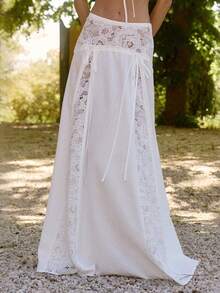 Women's White Lace Two-Piece Set, Ruched Crop Top  High-Waisted Maxi Skirt, Boho Sheer Cover-Up For Beach Vacation, Brunch, Y2K  Fashion - Màu be - Xem 6