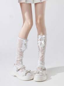 1双黑白新款甜美蕾丝花卉镂空珍珠蝴蝶结过膝袜，春夏款 - 彩色 - 查看 13