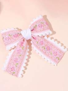 1 Piece Cute Pink Floral Embroidered Bow Hair Clips For Girls, Sweet Lace Edge Hair Barrettes, Princess Style Hair Accessories For Girls Daily Wear And Party - Clip - View 6