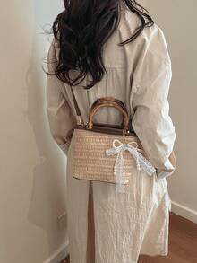 Túi du lịch mini, túi tote đan bằng rơm, túi đan dung tích lớn, túi đeo vai & xách tay kèm khăn choàng. - Màu be - Xem 2