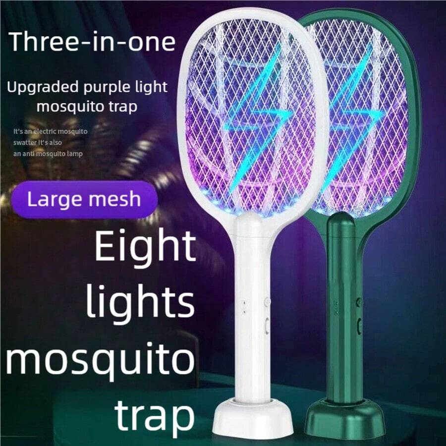 三合一电蚊拍，Type-C充电，大面积网面，三层网罩，可立式支架，手动开关，自动电击灭蚊，物理驱蚊，适合居家/露营使用，300mAh - 顏色隨機 - 查看 1