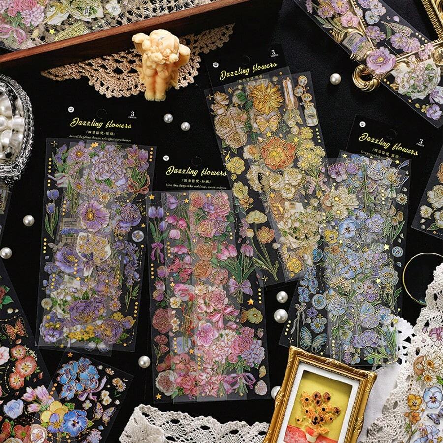 Holographic PET Stickers For Journaling, Foil Floral & Plant Decorative Stickers, Waterproof Transparent DIY Scrapbooking Materials For Notebook, Laptop, Luggage, Phone Case, Album, Gifts - Multicolor - View 1