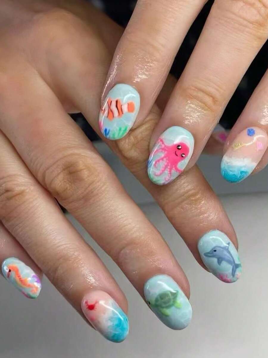 24片短款椭圆形海洋鲸鱼美甲贴纸，珍珠装饰，法式美甲贴纸，亚克力材质，完美贴合，包含：1片果冻胶和1个指甲锉。蓝色夏日风美甲贴纸，让您的指尖闪耀动人，适合女性日常工作和派对场合。按压式美甲贴纸。 - 彩色 - 查看 1