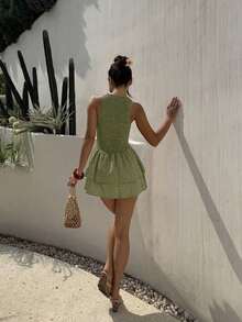 Vestido corto de ajuste ceñido sin mangas con estampado de cuadros azules y cinturón, estilo francés dulce para vacaciones de verano - Multicolor 3 - Ver 2