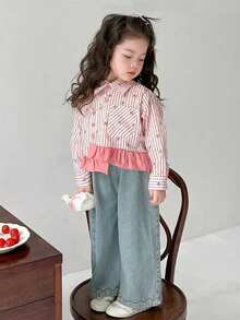 Girls Long Sleeve Blouse, Toddler/Little Young Girl Asymmetric Striped Bow Casual Shirt, Princess Versatile Daily Wear - Watermelon Pink - View 4