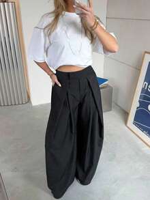 女士阔腿裤 高腰宽松长裤 春夏商务休闲办公装 黑色褶皱优雅外出商务职业女士长裤 - 黑色 - 查看 5