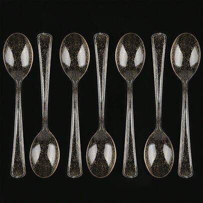 150/100/50/25/1pc Set Transparent Gold Glitter Reusable Cake/Ice Cream/Salad Spoons, Suitable For Parties, Outdoor Events, Family Gatherings, Weddings, Festivals, Cake And Salad Utensil Set
