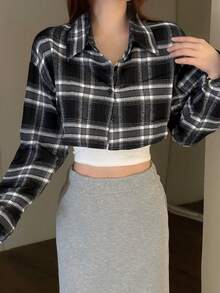 女士短款格子印花休闲衬衫，随机裁剪 - 黑色 - 查看 6