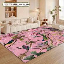 Large Pink & Multi-Colored Floral & Bird Print Rug - Soft Pink, Green, Yellow, Purple, Orange, Brown, Gold, Red - Rectangular Carpet, Suitable For Living Room, Bedroom, Hallway - Elegant Home Decor Rug, Living Room Carpet - 1PC - Xem 5