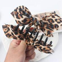 New Leopard Print Fabric Double-Sided Bow Large Hair Claw Clip, High-End Hair Accessory For The Back Of The Head - 豹紋抓夾-咖色 - 查看 3