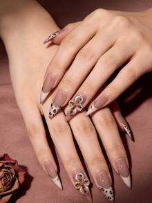 10pcs/1set Handmade Press On Nails For Women, 3D Acrylic Long Stiletto Fake Nails, Hand Painted Leopard Print & 3D Flower Design With Gold French Line, Luxury Reusable Artificial Manicure Nails For Bridal And Casual Wear - Nhiều màu - Xem 14