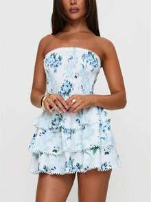 Women Mini Dress, Strapless Backless Floral Layered Slim Fit Summer Tube Dress Clubwear - Màu xanh lam - Xem 1