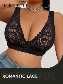 Áo ngực không gọng ren chắp vá cỡ lớn cho nữ, cài trước, chất liệu vải jacquard thời trang, nâng đỡ và nâng ngực - màu đen - Xem 3