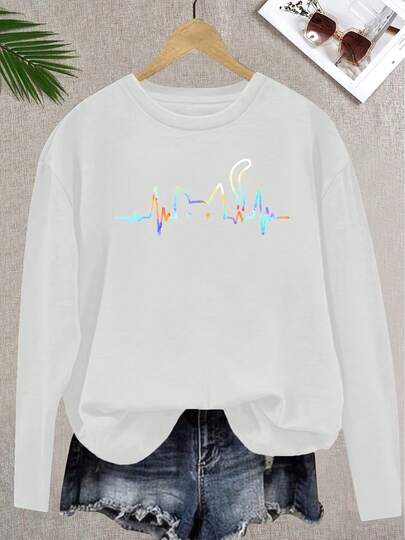 Sweatshirt For Women Women'S Casual And Elegant Style Colorful Lines Cat Print Pattern Round Neck Women'S Spring, Summer, Autumn And Winter Long-Sleeved T-Shirt, Fashionable Commuting Vacation Daily Versatile Retro Style Long-Sleeved T-Shirt Multi-Color Optional S-XXL 2026- Spring, Bride To Be, Long Sleeve Tops