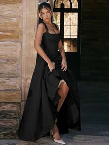 Women's Fashion: Elegant & Chic Slim-Fit Solid-Color A-Line Maxi Dress - 黑色 - 查看 3