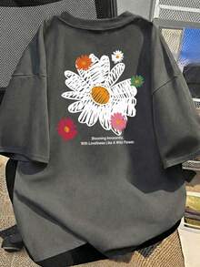 女士宽松圆领短袖字母花卉印花T恤，春夏休闲款 - 深灰色 - 查看 4