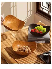 Plastic Fruit Plate, Geometric Shaped Wood Grain Fruit Plate For Living Room, Home Use Snack Dry Fruit Display, Vintage Tea Art Dessert Tray - Brown - View 3