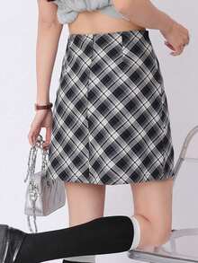 High Waist Plaid Skirt, Casual Summer Holiday Black - Black - View 3