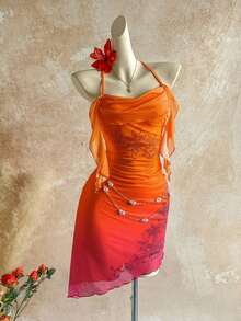 Women's Gradient Orange Rhinestone Floral Ruffle Mini Dress, Suitable For Holiday, Date, Afternoon Tea, Beach, Cruise, Island Vacation, City Trip, Music Festival, Boho Vacation, Party, Can Be Worn Inside Or Outside, Beach Set Orange Vacation Dress Sunset Color Outfit Tequila Sunrise Dress Sunset Dress,Valentine's Day Outfit - 橘色 - 查看 9