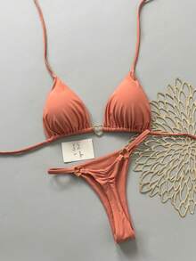 Sultry Sol Women's Summer Beach Solid Color Halter Tie Casual Bikini And Triangle Panty Swimsuit Set Vacation - Camel - View 2